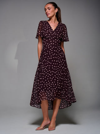 Chiffon Floaty Sleeved Midaxi Dress, Burgundy Spot