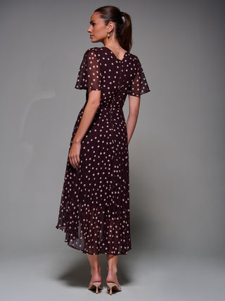 Chiffon Floaty Sleeved Midaxi Dress, Burgundy Spot