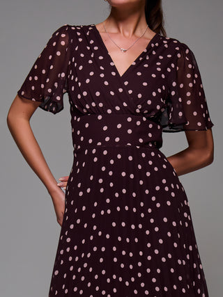 Chiffon Floaty Sleeved Midaxi Dress, Burgundy Spot