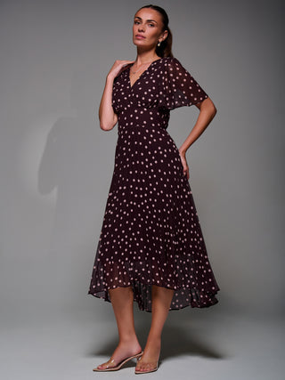 Chiffon Floaty Sleeved Midaxi Dress, Burgundy Spot