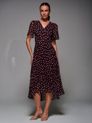 Chiffon Floaty Sleeved Midaxi Dress, Burgundy Spot