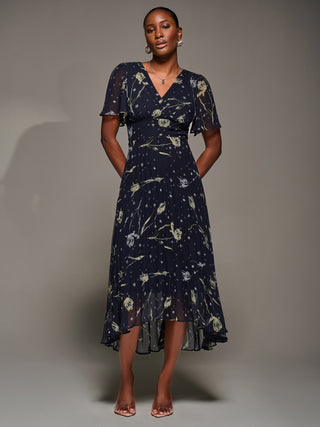Chiffon Floaty Sleeved Midaxi Dress, Navy Abstract