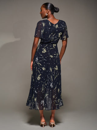 Chiffon Floaty Sleeved Midaxi Dress, Navy Abstract