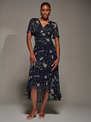 Chiffon Floaty Sleeved Midaxi Dress, Navy Abstract