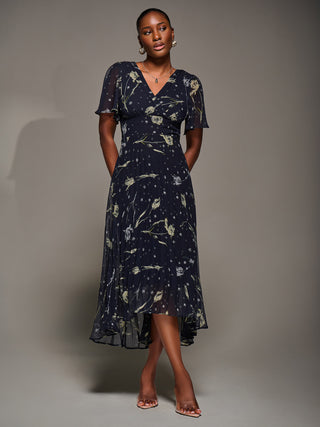 Chiffon Floaty Sleeved Midaxi Dress, Navy Abstract