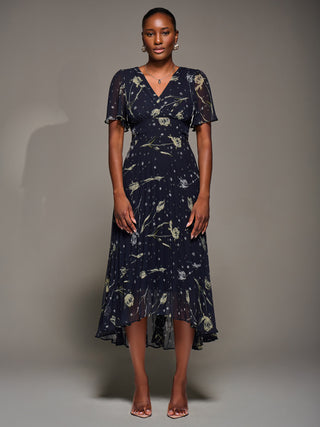 Chiffon Floaty Sleeved Midaxi Dress, Navy Abstract