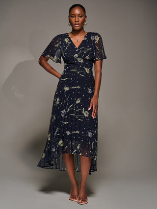 Chiffon Floaty Sleeved Midaxi Dress, Navy Abstract