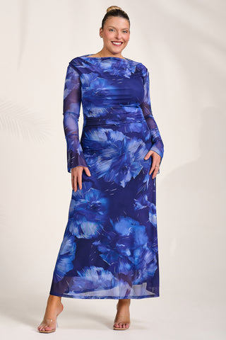 Slash Neck Mesh Maxi Dress, Blue Abstract