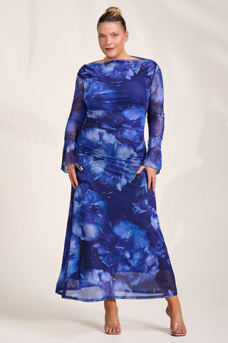 Slash Neck Mesh Maxi Dress, Blue Abstract