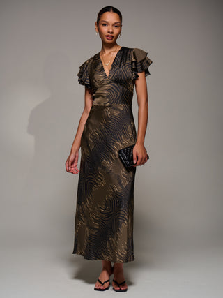 Ruffle Sleeve Print Satin Maxi Dress, Brown Animal