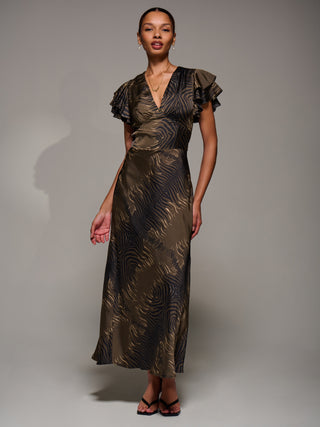 Ruffle Sleeve Print Satin Maxi Dress, Brown Animal