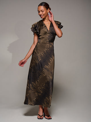 Ruffle Sleeve Print Satin Maxi Dress, Brown Animal