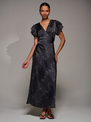 Ruffle Sleeve Print Satin Maxi Dress, Grey Animal