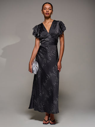 Ruffle Sleeve Print Satin Maxi Dress, Grey Animal