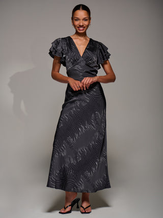 Ruffle Sleeve Print Satin Maxi Dress, Grey Animal