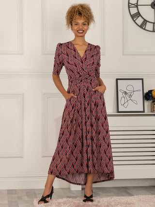Maanasi Ruched Sleeve Jersey Maxi Dress, Red Abstract