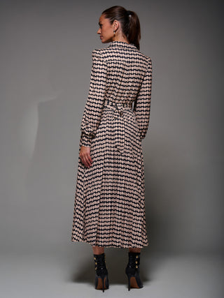 Long Sleeve Pleated Jersey Maxi Dress, Black Geo
