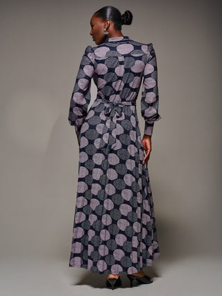 Long Sleeve Pleated Jersey Maxi Dress, Purple Multi