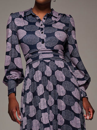 Long Sleeve Pleated Jersey Maxi Dress, Purple Multi