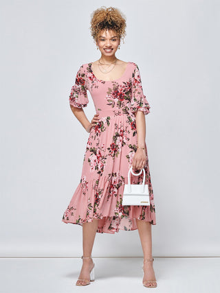 Maab Mesh Ruffle Sleeve Midi Dress, Dusty Pink