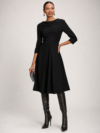Roll Neck ¾ Sleeve Midi Dress, Black