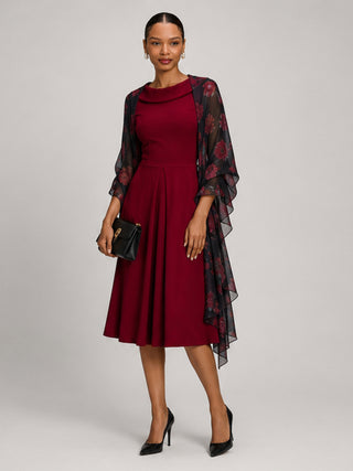Roll Neck ¾ Sleeve Midi Dress, Burgundy