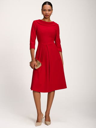 Roll Neck ¾ Sleeve Midi Dress, Tomato Red