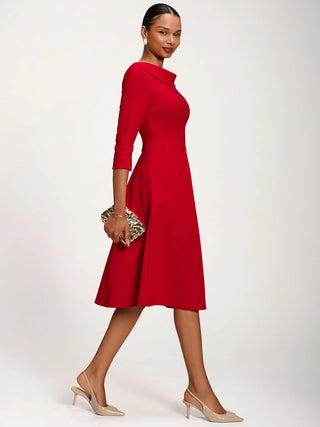 Roll Neck ¾ Sleeve Midi Dress, Tomato Red