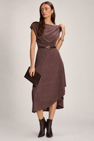 Asymmmetric Draped Midi Dress, Brown