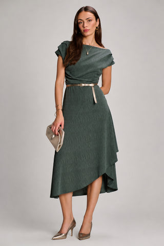 Asymmmetric Draped Midi Dress, Khaki