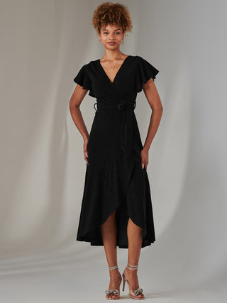 Marlie Metallic Angel Sleeve Maxi Dress, Black