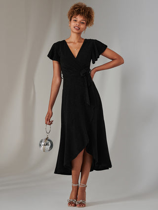 Marlie Metallic Angel Sleeve Maxi Dress, Black