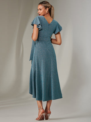 Marlie Metallic Angel Sleeve Maxi Dress, Blue/Silver