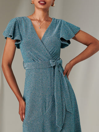 Marlie Metallic Angel Sleeve Maxi Dress, Blue/Silver