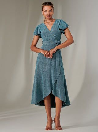 Marlie Metallic Angel Sleeve Maxi Dress, Blue/Silver
