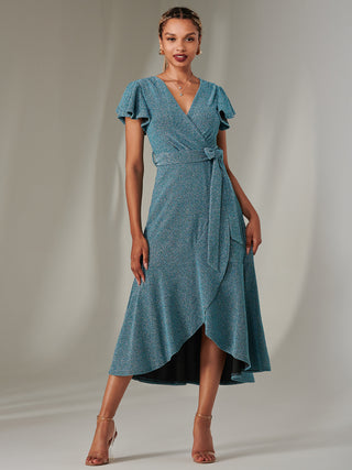 Marlie Metallic Angel Sleeve Maxi Dress, Blue/Silver