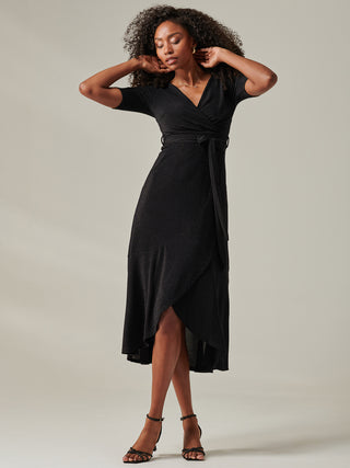 Metallic Tie Waist Wrapped Maxi Dress, Black