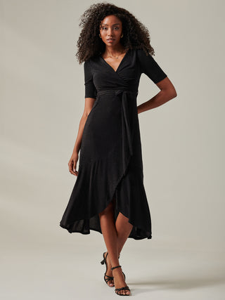 Metallic Tie Waist Wrapped Maxi Dress, Black