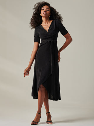 Metallic Tie Waist Wrapped Maxi Dress, Black