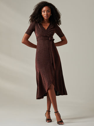 Metallic Tie Waist Wrapped Maxi Dress, Gold/Red