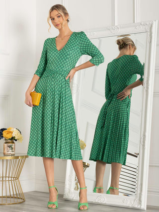 Delylah V Neck Midi Dress, Green Geo