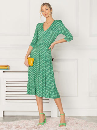 Delylah V Neck Midi Dress, Green Geo