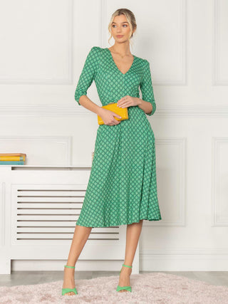 Delylah V Neck Midi Dress, Green Geo