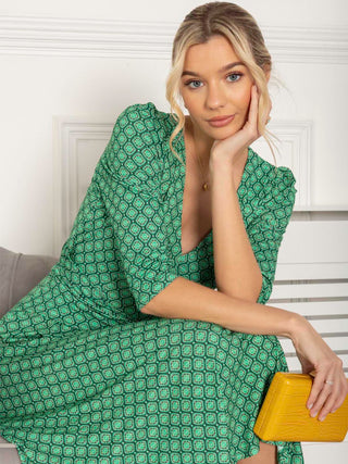 Delylah V Neck Midi Dress, Green Geo
