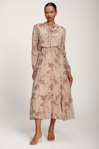 Chiffon Tie Neckline Midaxi Dress, Brown Floral