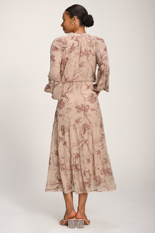 Chiffon Tie Neckline Midaxi Dress, Brown Floral