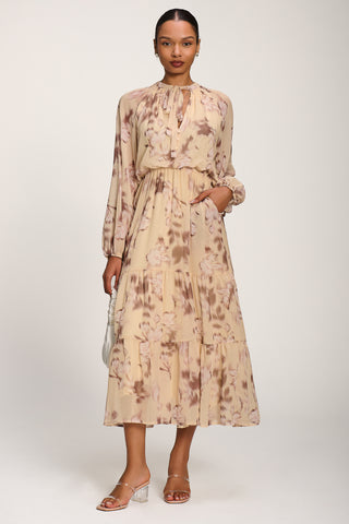 Chiffon Tie Neckline Midaxi Dress, Yellow Abstract