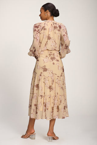 Chiffon Tie Neckline Midaxi Dress, Yellow Abstract