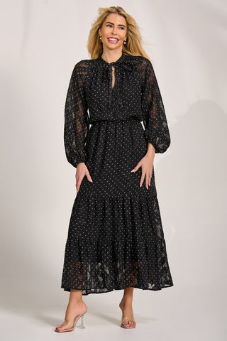 Textured Chiffon Long Sleeve Maxi Dress, Black Spot