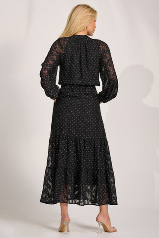 Textured Chiffon Long Sleeve Maxi Dress, Black Spot